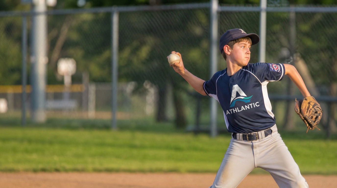 A young baseball player in an Athlantic jersey winding up to throw on a community field